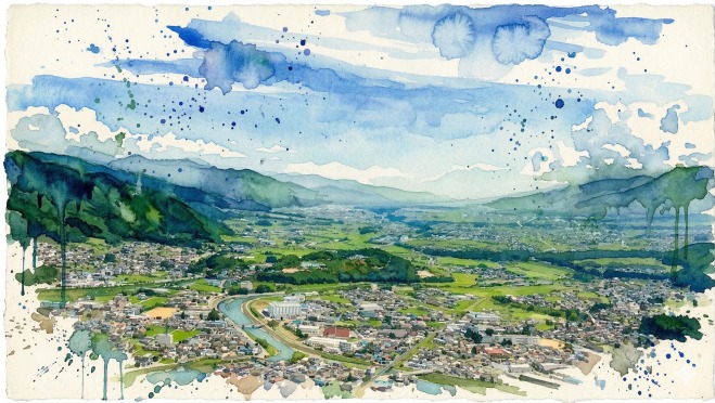 辰野町周辺の眺望の水彩画