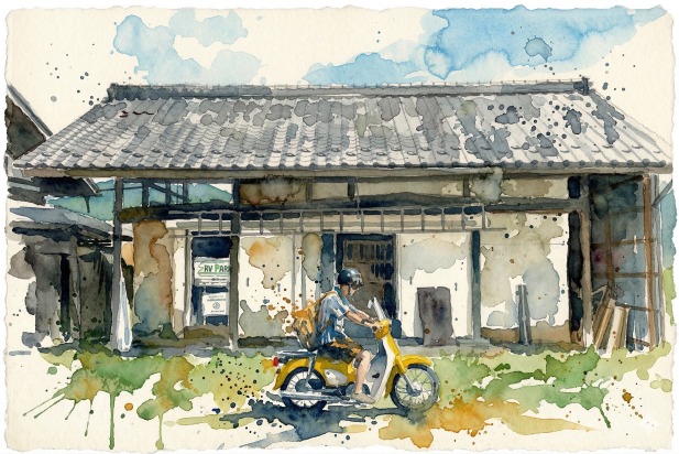 バイクと古民家の水彩画